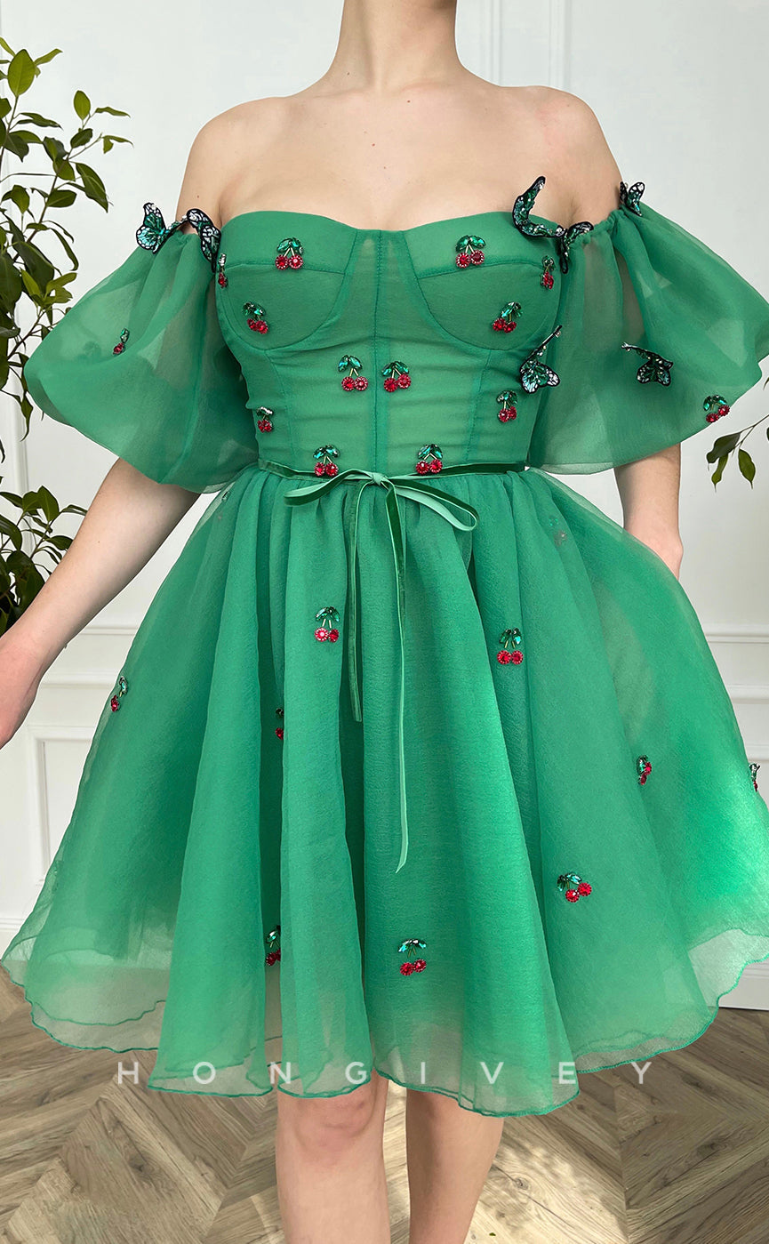 H1734 - Sheer Cherry Crystal Butterfly Embossed Strappy Short Party Graduation Homecoming Dress - Fashionpara