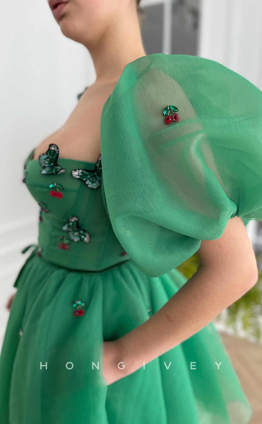 H1734 - Sheer Cherry Crystal Butterfly Embossed Strappy Short Party Graduation Homecoming Dress - Fashionpara