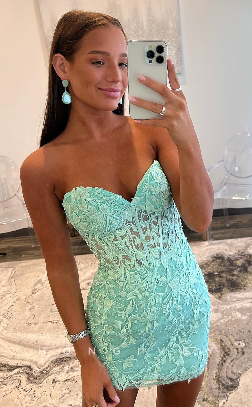 H1735 - Illusion Strapless Fully Lace Short Party  Homecoming Graduation Dress - Fashionpara