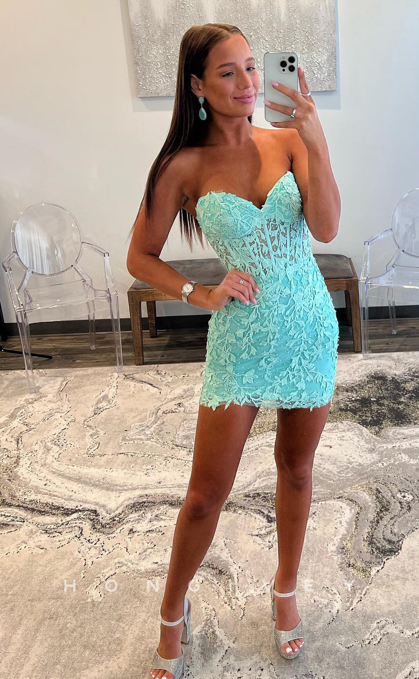H1735 - Illusion Strapless Fully Lace Short Party  Homecoming Graduation Dress - Fashionpara
