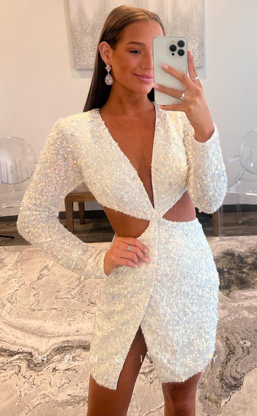 H1736 - Sparkly Fully Sequined Cutout V-Neck Short Party Homecoming Graduation Dress - Fashionpara