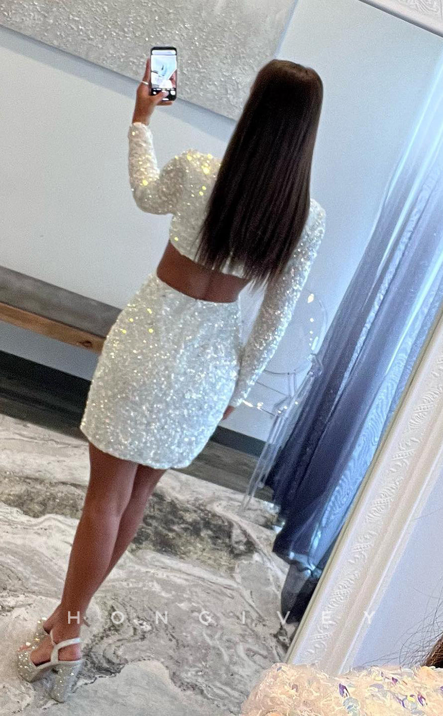 H1736 - Sparkly Fully Sequined Cutout V-Neck Short Party Homecoming Graduation Dress - Fashionpara