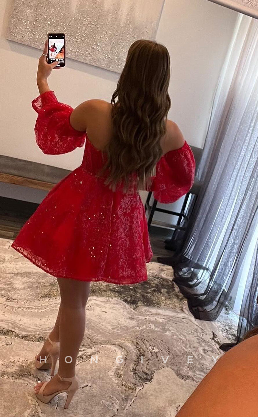 H1738 - Sparkly Illusion Fully Lace Sequined Long Sleeves Short Homecoming Graduation Party Dress - Fashionpara