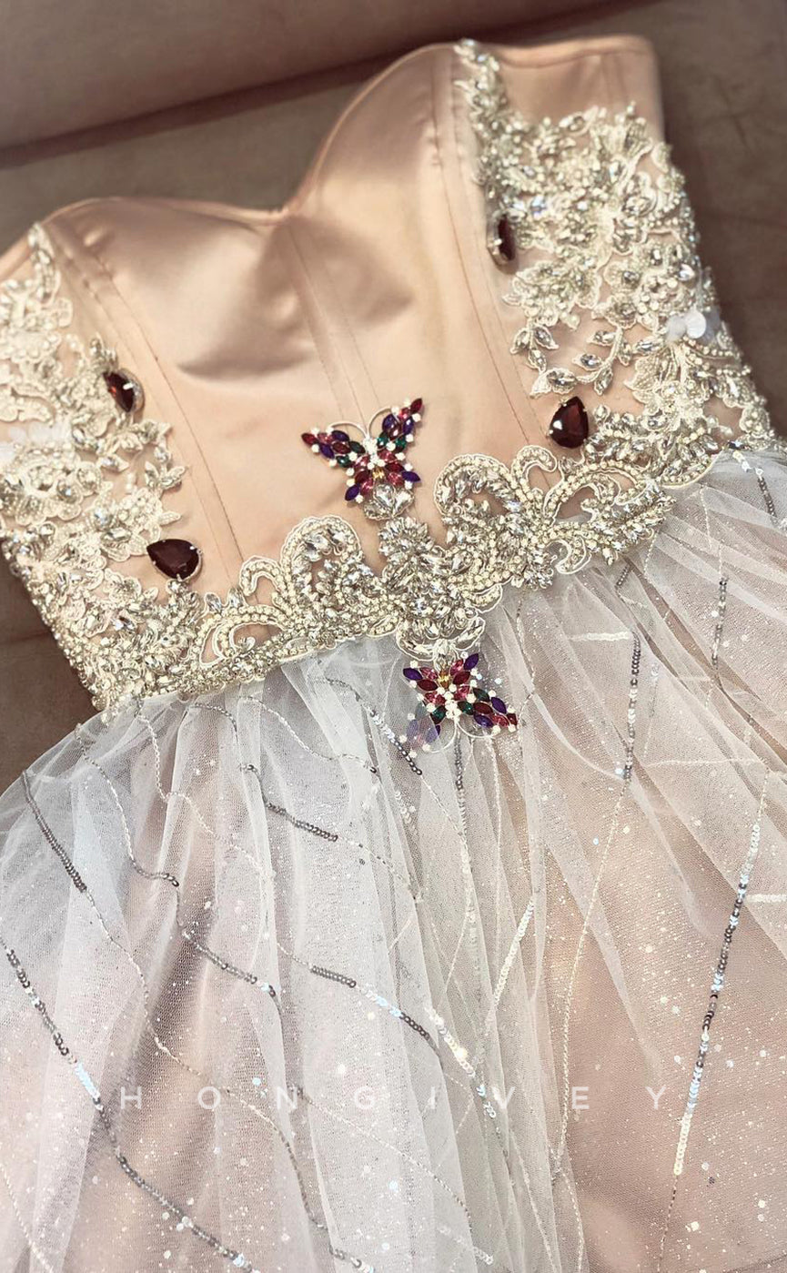 H1754 - Crystal Sequined Beaded Illusion Strapless Short Party Homecoming Graduation Dress - Fashionpara