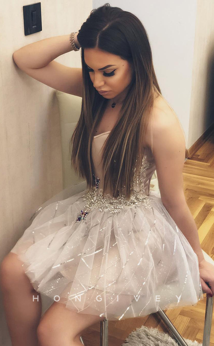 H1754 - Crystal Sequined Beaded Illusion Strapless Short Party Homecoming Graduation Dress - Fashionpara