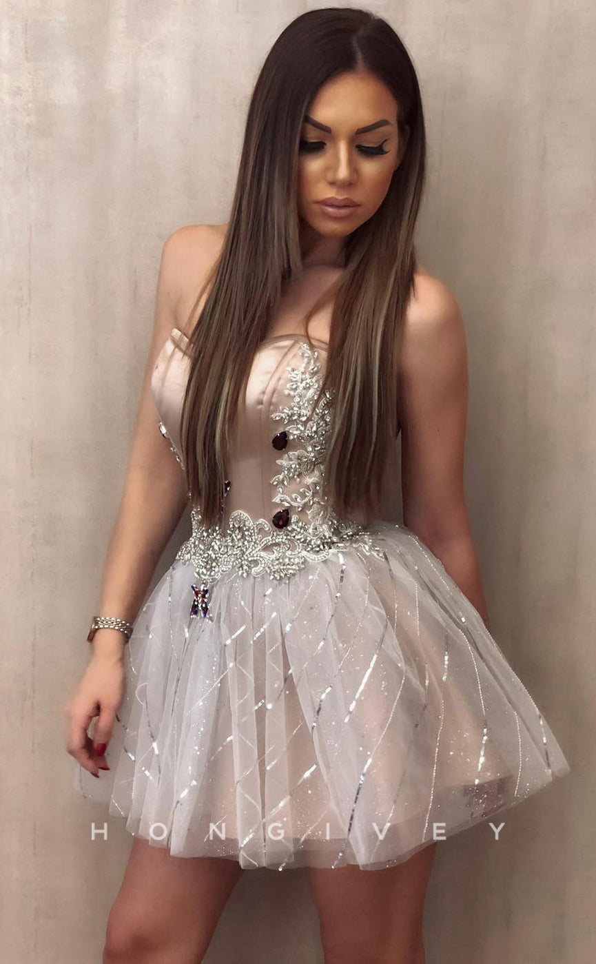 H1754 - Crystal Sequined Beaded Illusion Strapless Short Party Homecoming Graduation Dress - Fashionpara