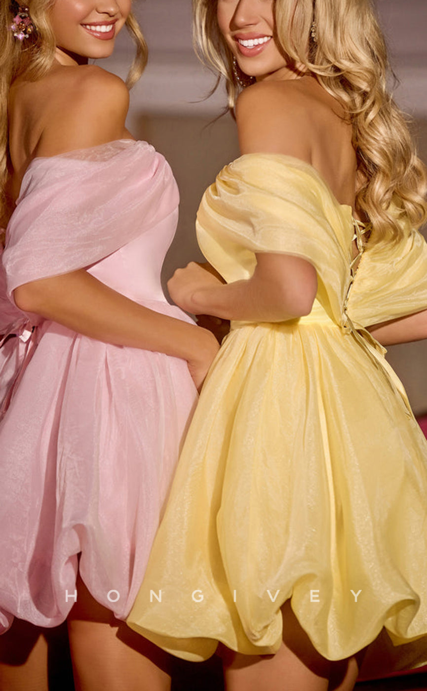 H1766 - Sweet Long V-Neck Paneled Lace-Up Back Short Party Homecoming Graduation Dress - Fashionpara