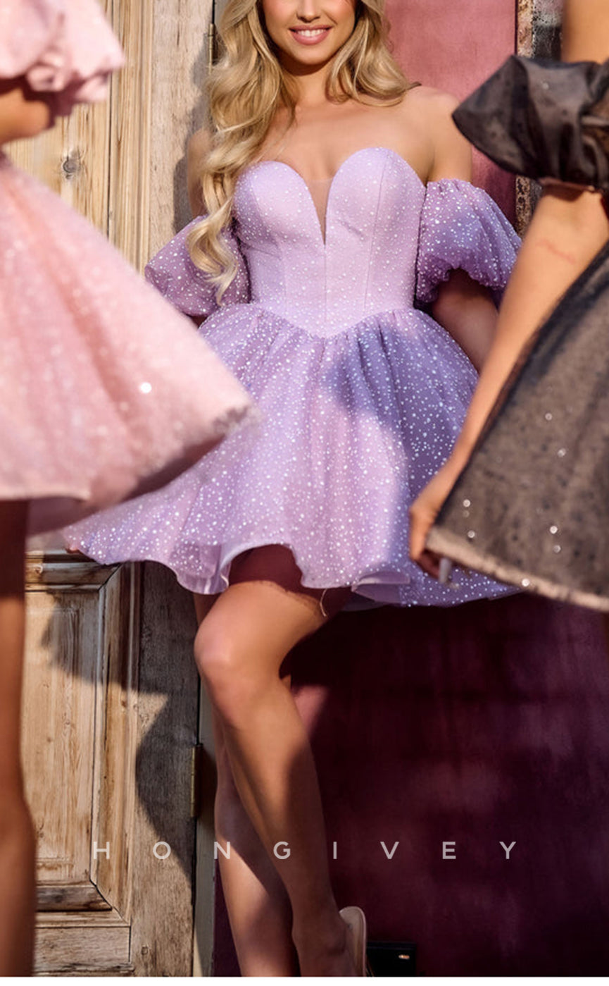 H1773 - Rhinestone Embellished Sheer Puff Sleeves Short Party Graduation Homecoming Dress - Fashionpara