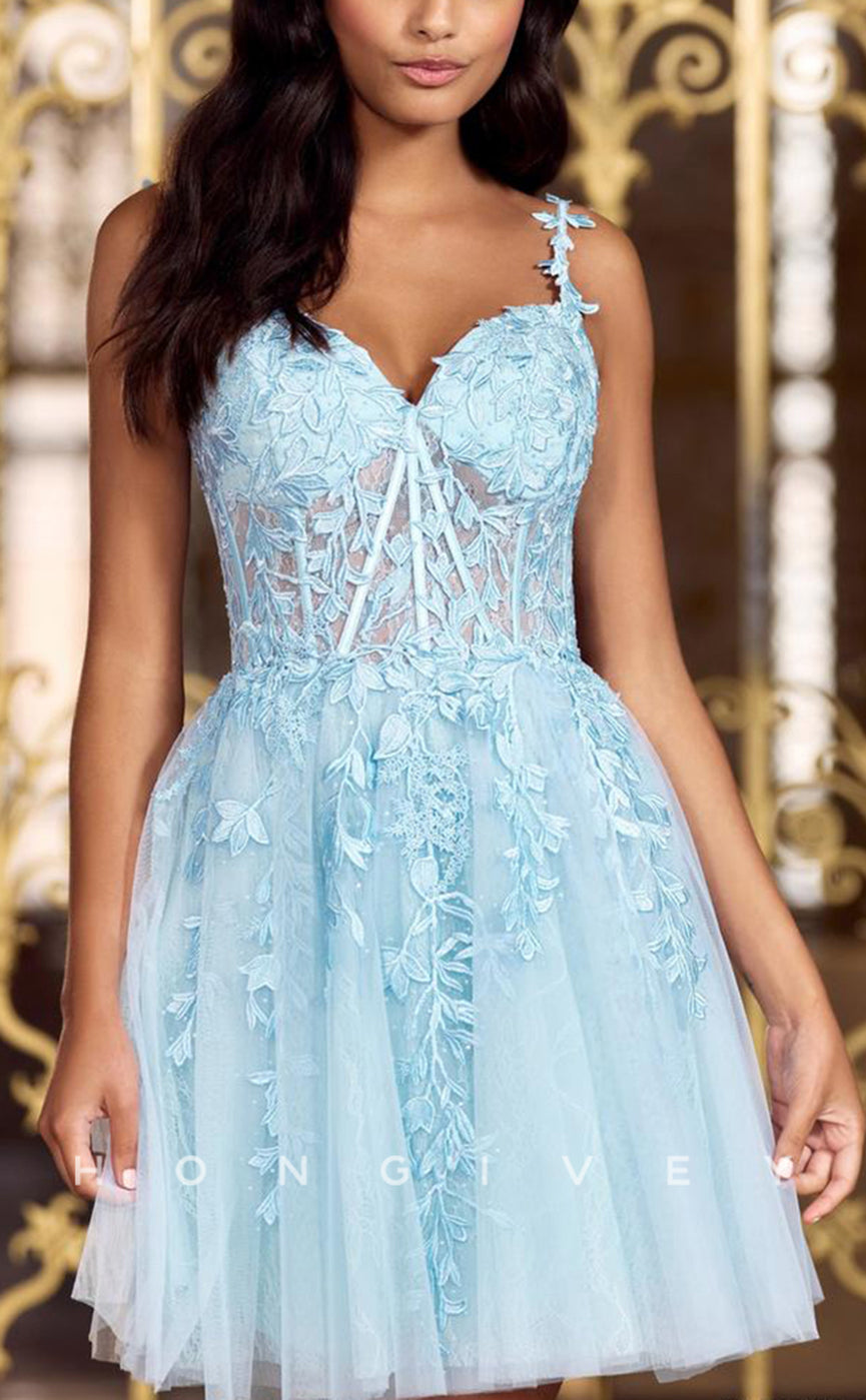 H1780 - Illusion Floral Appliqued Short Homecoming Party Graduation Dress - Fashionpara