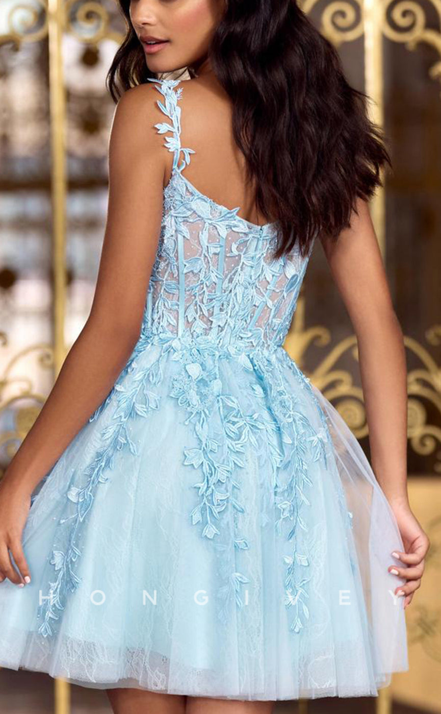 H1780 - Illusion Floral Appliqued Short Homecoming Party Graduation Dress - Fashionpara