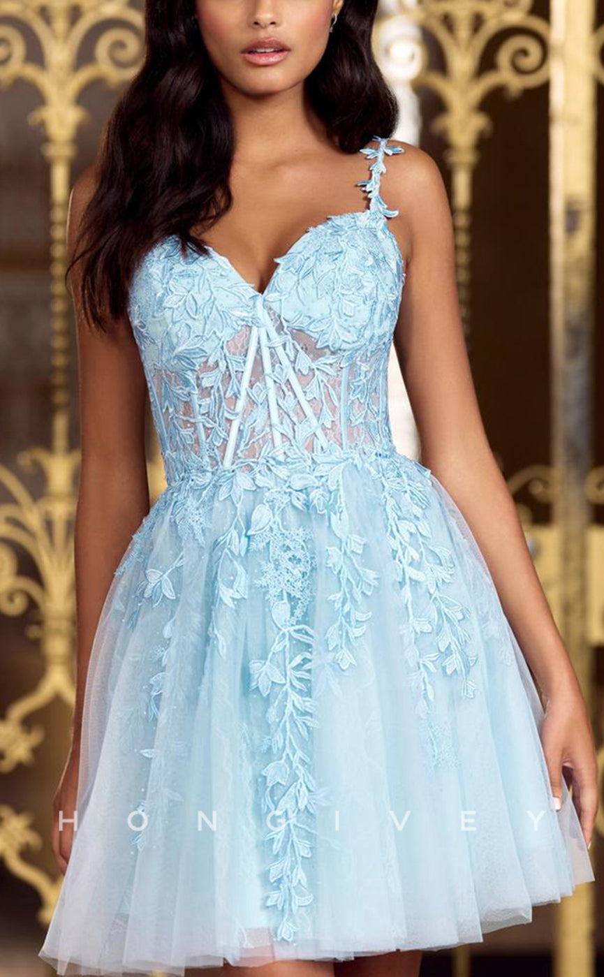 H1780 - Illusion Floral Appliqued Short Homecoming Party Graduation Dress - Fashionpara
