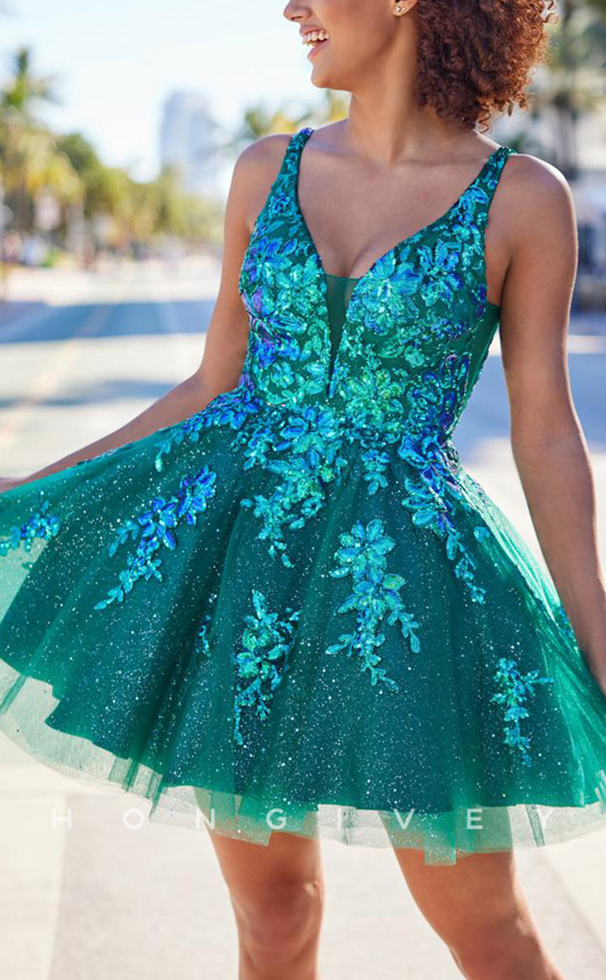 H1796 - Sparkly Floral Embossed Tiered Plunging Illusion Short Party Graduation Homecoming Dress - Fashionpara