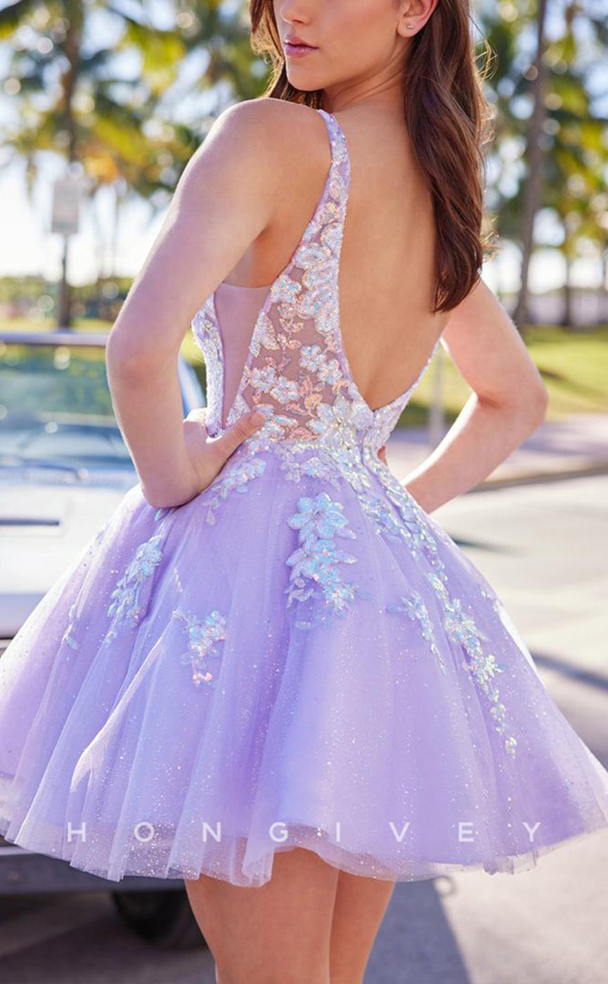 H1796 - Sparkly Floral Embossed Tiered Plunging Illusion Short Party Graduation Homecoming Dress - Fashionpara