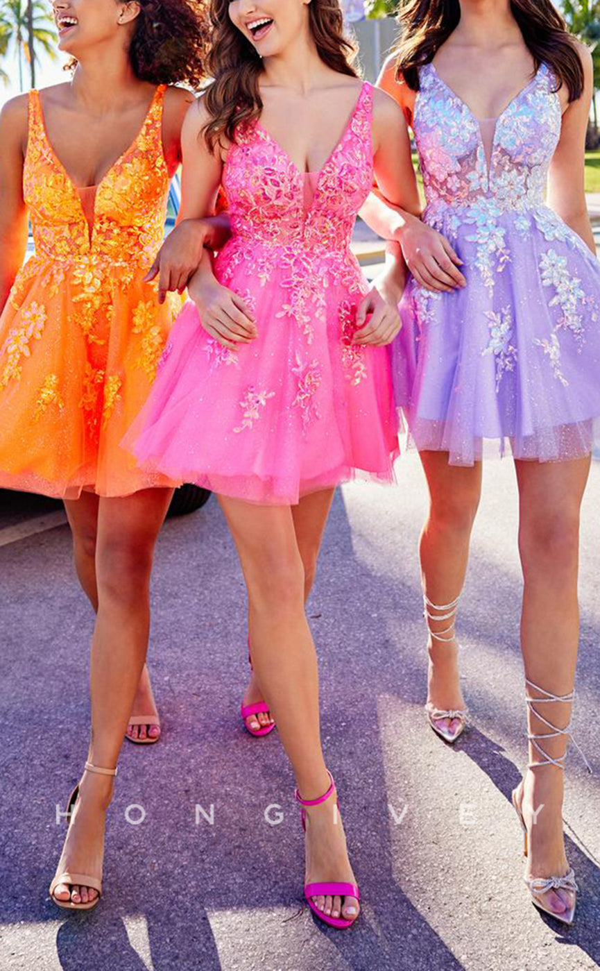 H1796 - Sparkly Floral Embossed Tiered Plunging Illusion Short Party Graduation Homecoming Dress - Fashionpara