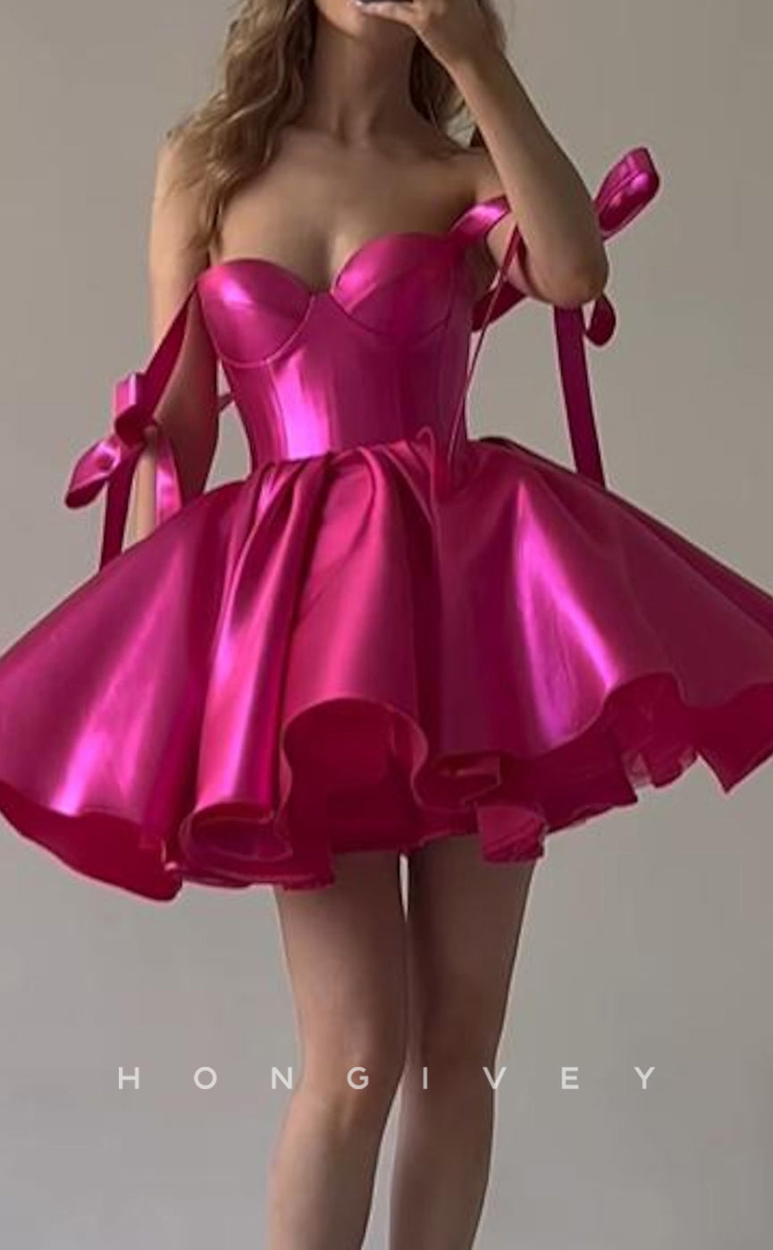 H1799 - Sweet Ruched Tiered With Bow Detail Short Cake Party Graduation Homecoming Dress - Fashionpara