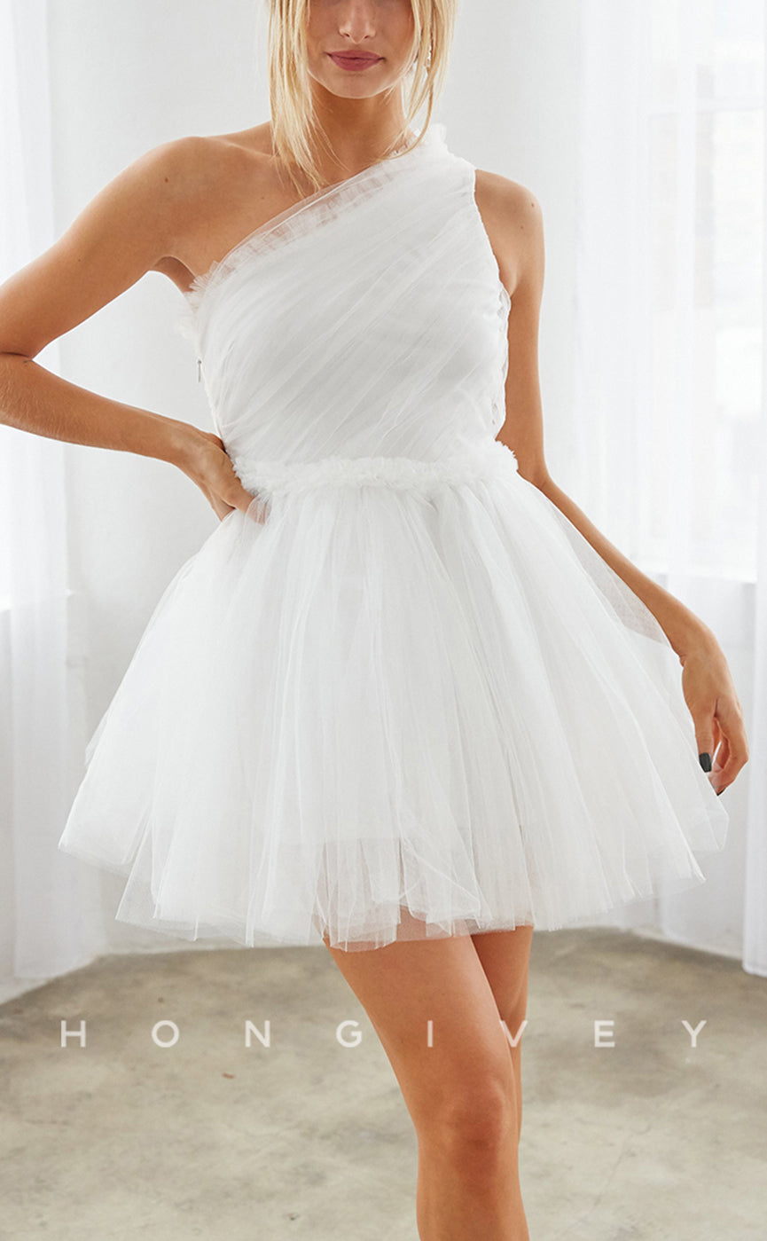 H1801 - Illusion One Shoulder With Lace Gloves Short Party Homecoming Graduation Dress - Fashionpara