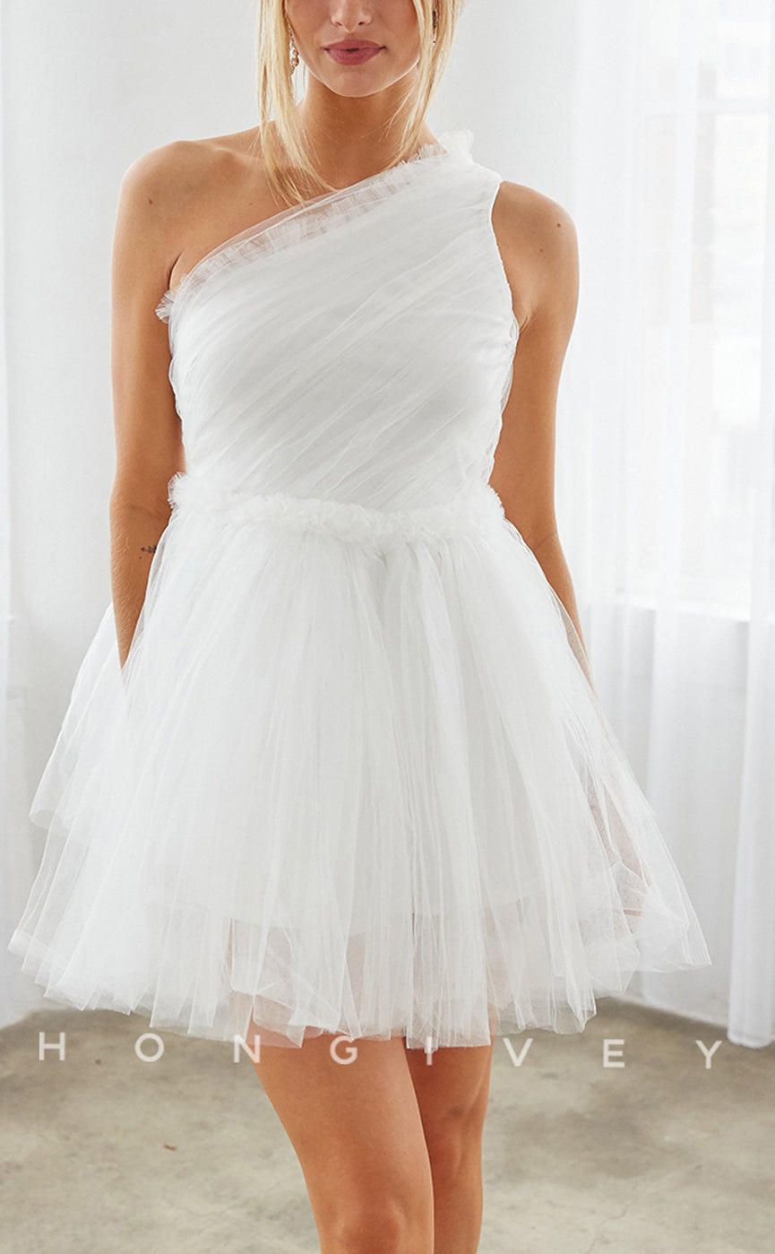 H1801 - Illusion One Shoulder With Lace Gloves Short Party Homecoming Graduation Dress - Fashionpara