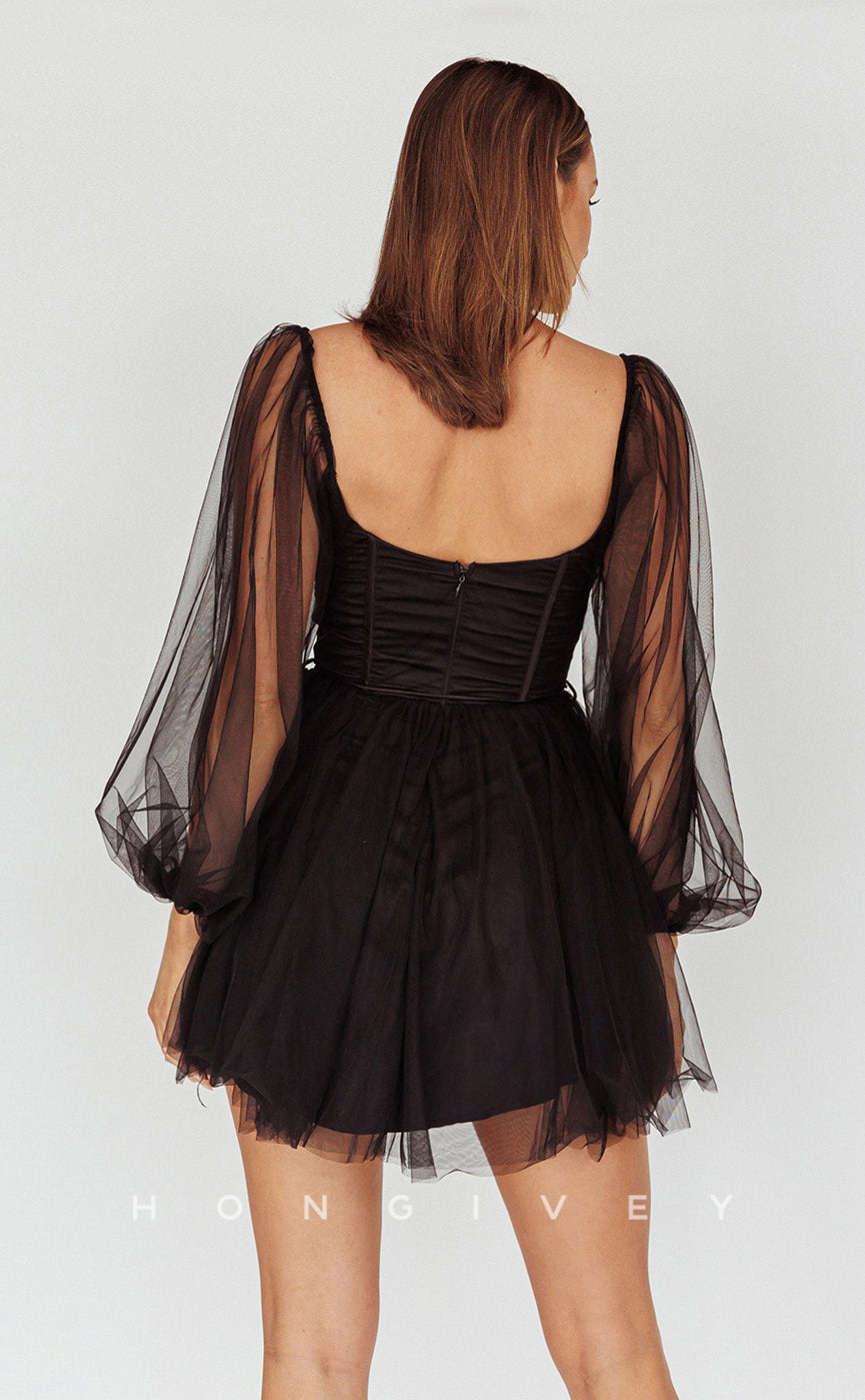 H1804 - Illusion Ruched With Long Bell Sleeves Short Graduation Party Homecoming Dress - Fashionpara