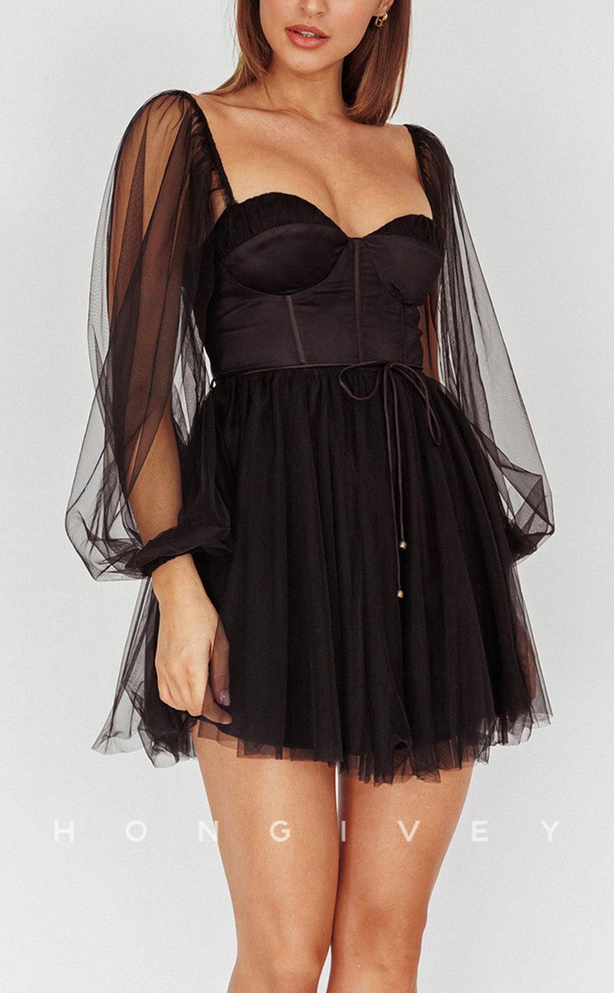 H1804 - Illusion Ruched With Long Bell Sleeves Short Graduation Party Homecoming Dress - Fashionpara