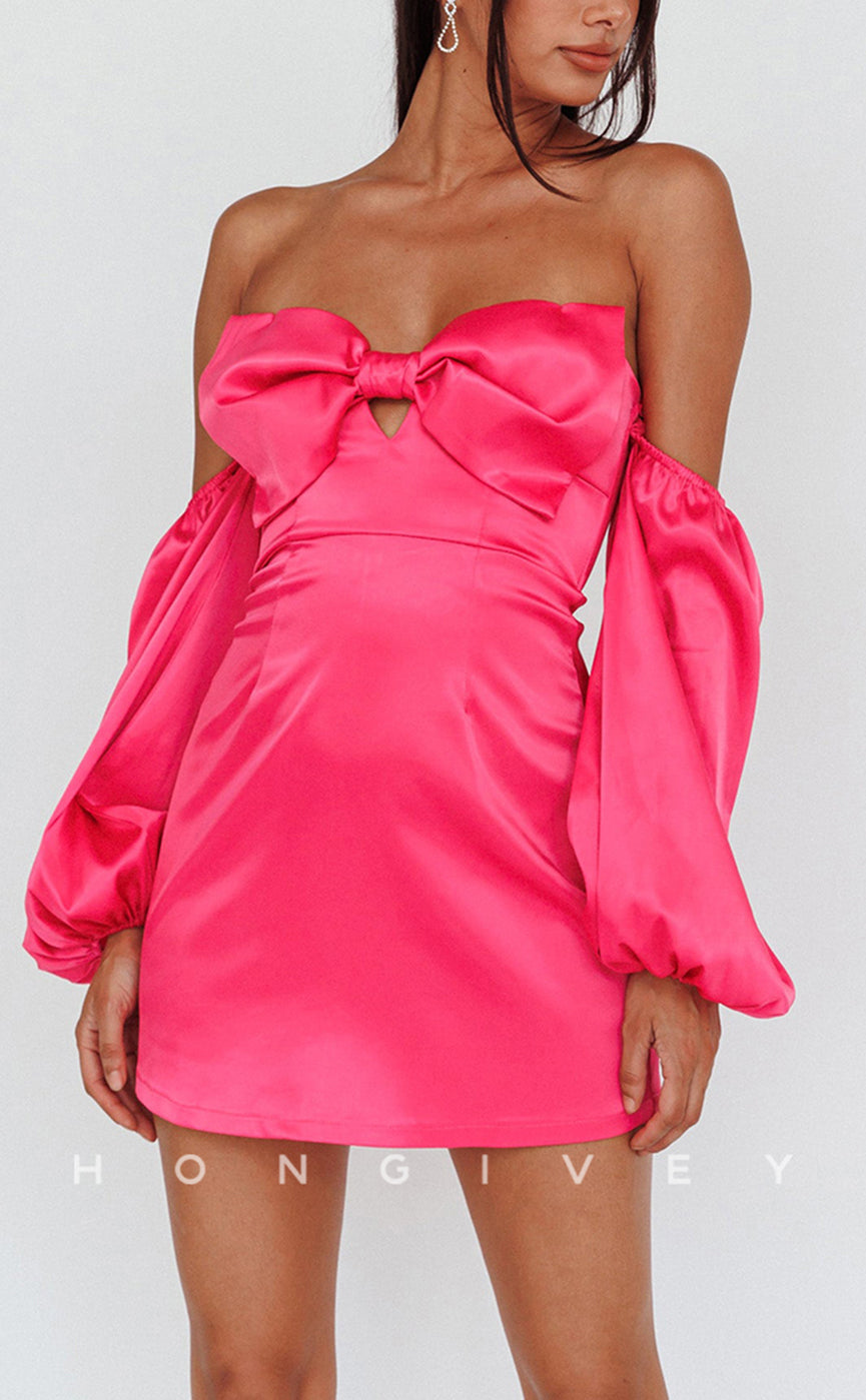 H1805 - Sweet Bow Detail Removable Sleeves Short Party Homecoming Graduation Dress - Fashionpara