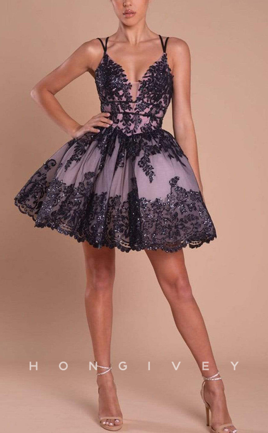 H1807 - Floral Embroidered Plunging Illusion Lace-Up Back Short Party Homecoming Graduation Dress - Fashionpara