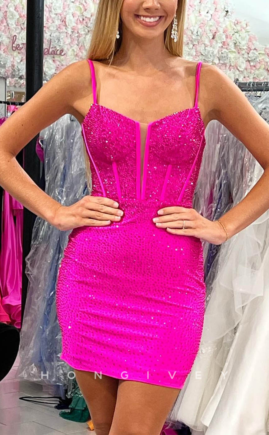 H1908 - Sexy Fitted Spaghetti Straps Glitter Short Party/Evening/Homecoming Dress - Fashionpara