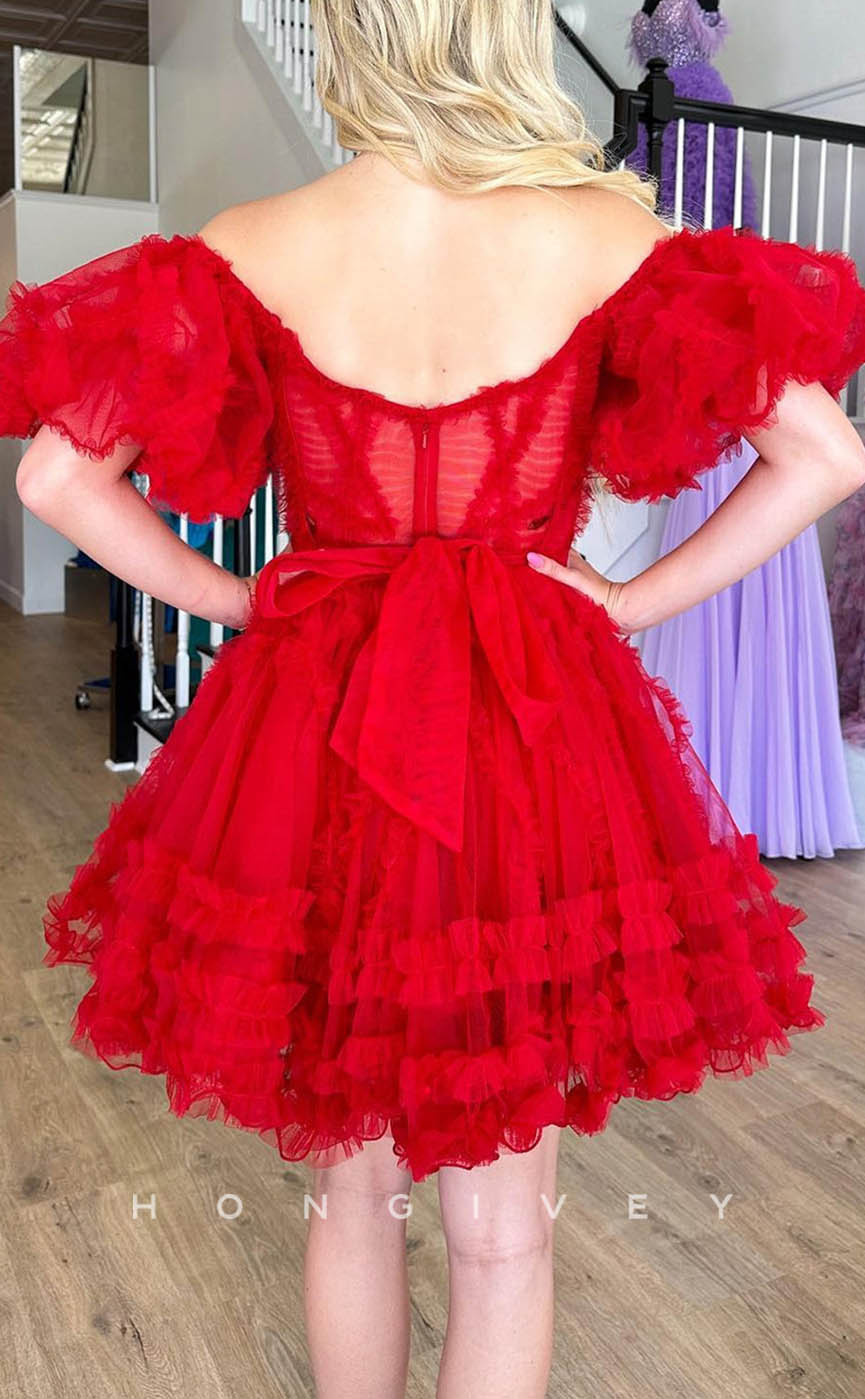 H1909 - Sexy A-Line V-Neck Puff Sleeves Gown Ball Gown Short Evening/Homecoming Dress - Fashionpara