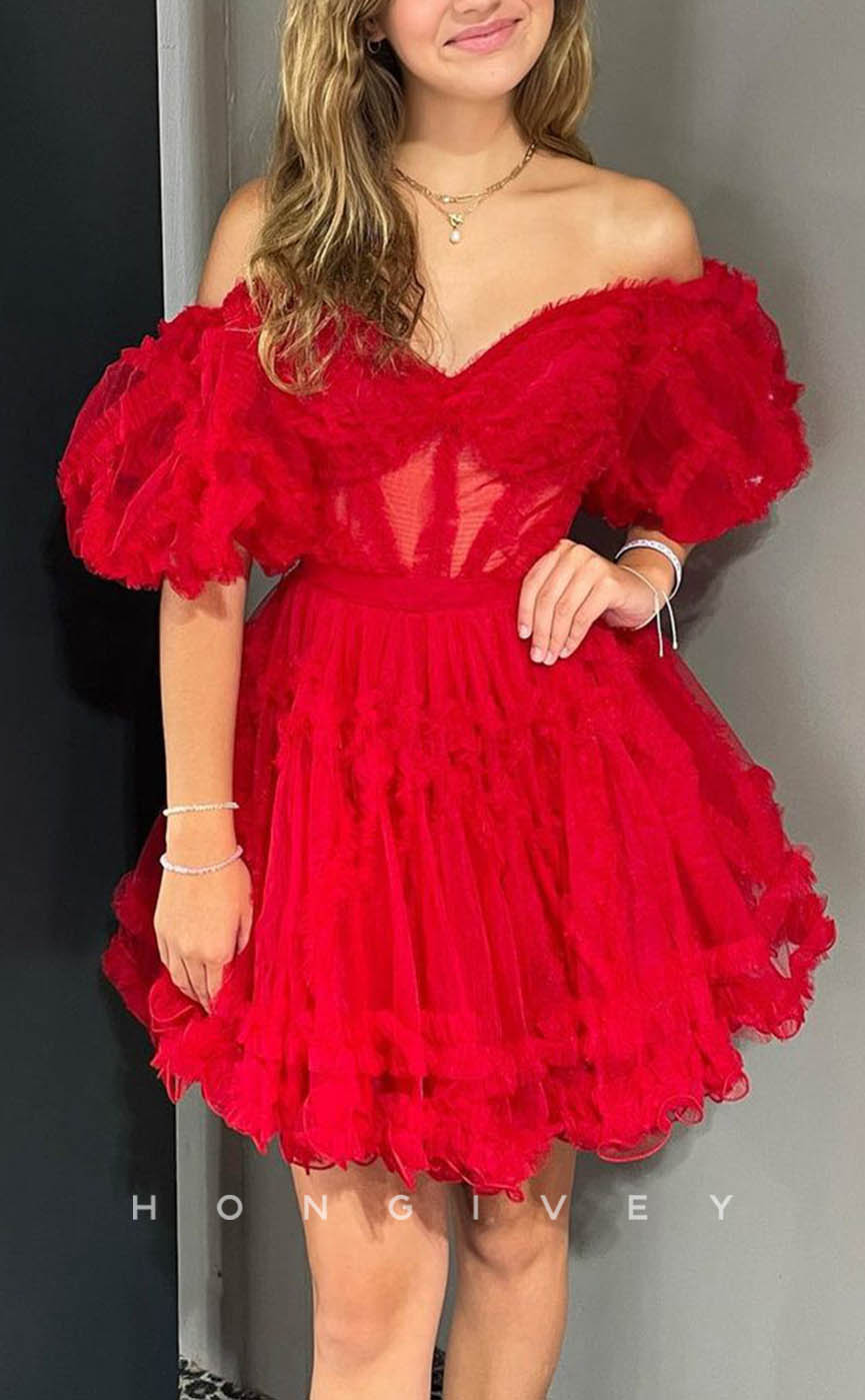 H1909 - Sexy A-Line V-Neck Puff Sleeves Gown Ball Gown Short Evening/Homecoming Dress - Fashionpara