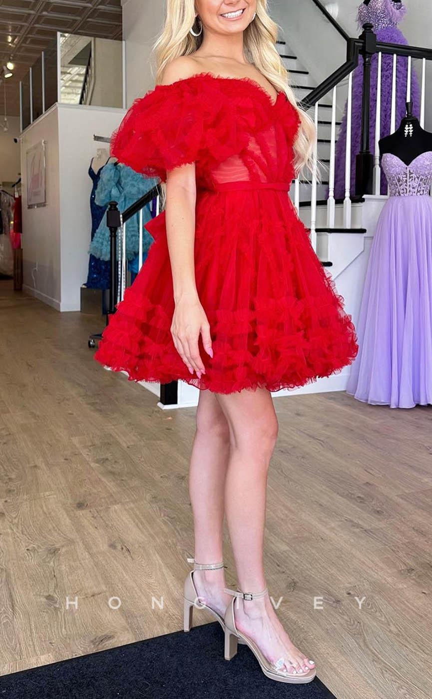 H1909 - Sexy A-Line V-Neck Puff Sleeves Gown Ball Gown Short Evening/Homecoming Dress - Fashionpara