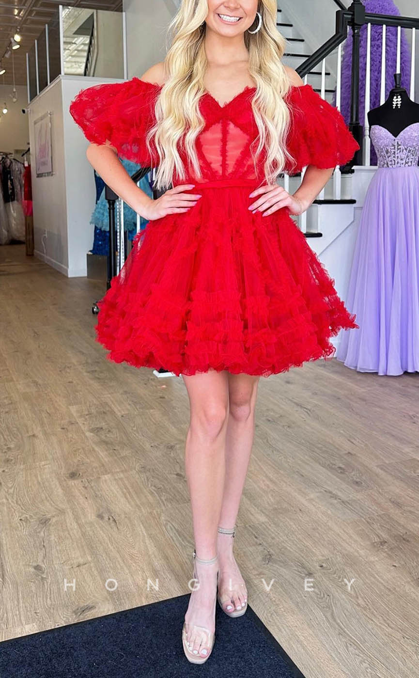 H1909 - Sexy A-Line V-Neck Puff Sleeves Gown Ball Gown Short Evening/Homecoming Dress - Fashionpara