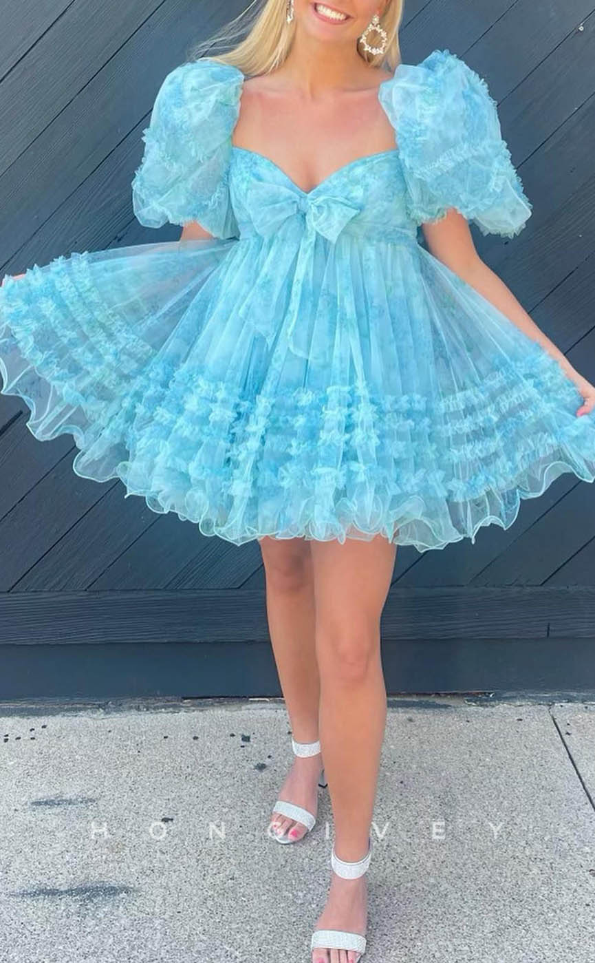 H1910 - Sexy Lace Sweetheart Puff Sleeves Gown Ball Gown Short Party/Homecoming Dress - Fashionpara