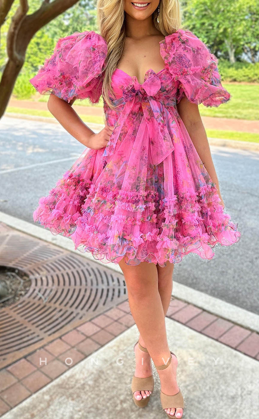 H1910 - Sexy Lace Sweetheart Puff Sleeves Gown Ball Gown Short Party/Homecoming Dress - Fashionpara