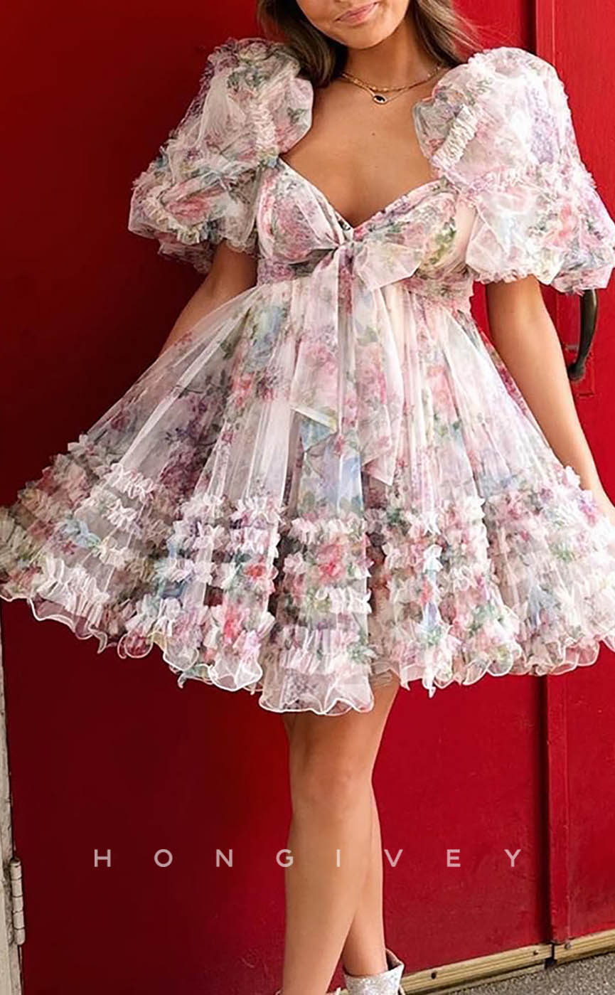 H1910 - Sexy Lace Sweetheart Puff Sleeves Gown Ball Gown Short Party/Homecoming Dress - Fashionpara