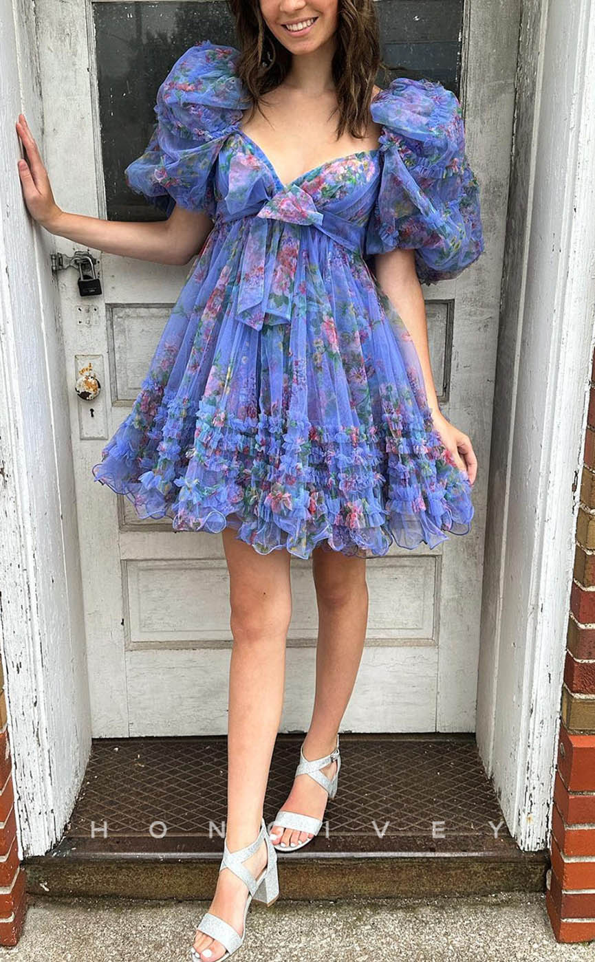 H1910 - Sexy Lace Sweetheart Puff Sleeves Gown Ball Gown Short Party/Homecoming Dress - Fashionpara