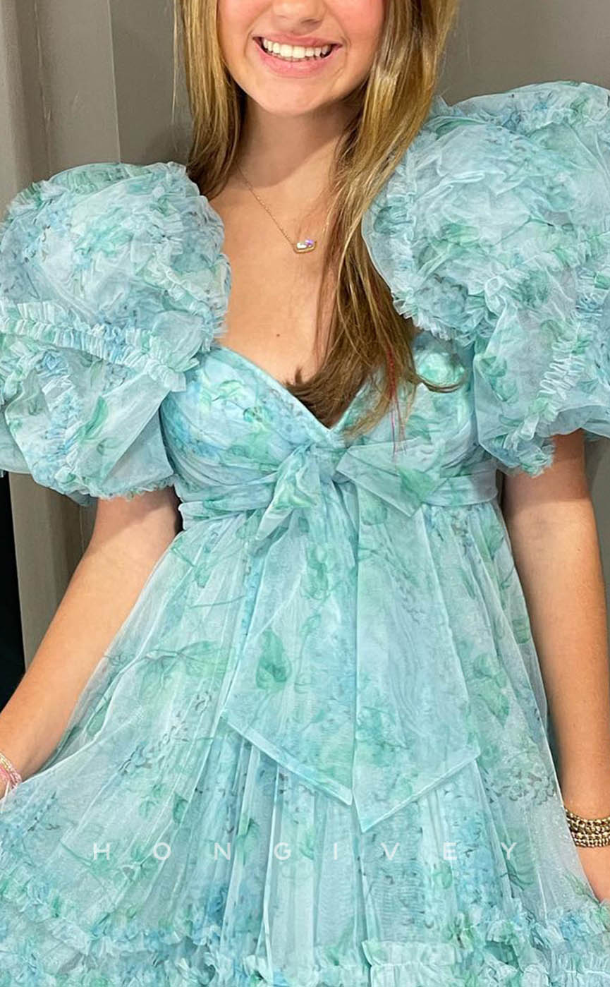 H1910 - Sexy Lace Sweetheart Puff Sleeves Gown Ball Gown Short Party/Homecoming Dress - Fashionpara