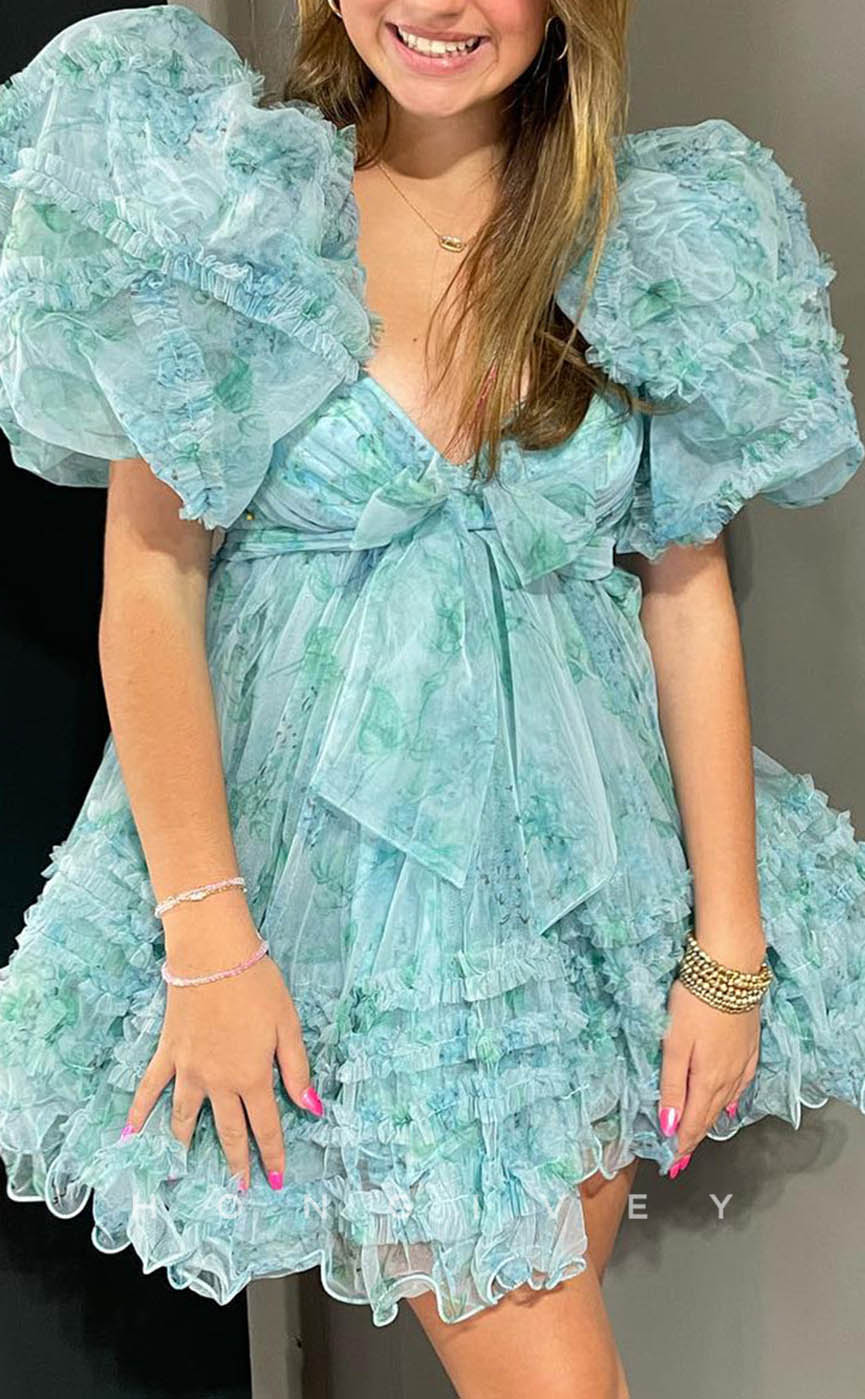 H1910 - Sexy Lace Sweetheart Puff Sleeves Gown Ball Gown Short Party/Homecoming Dress - Fashionpara