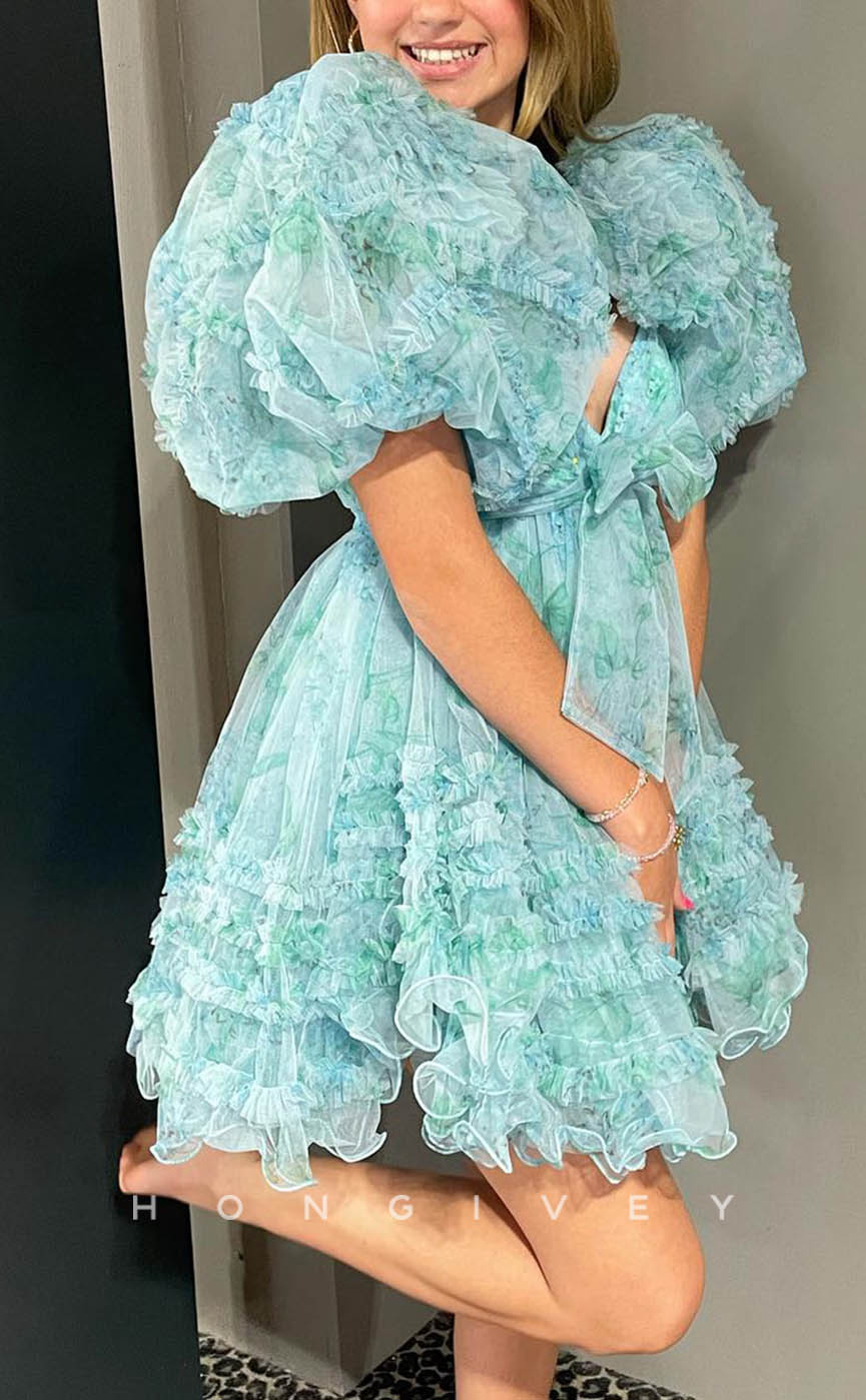 H1910 - Sexy Lace Sweetheart Puff Sleeves Gown Ball Gown Short Party/Homecoming Dress - Fashionpara