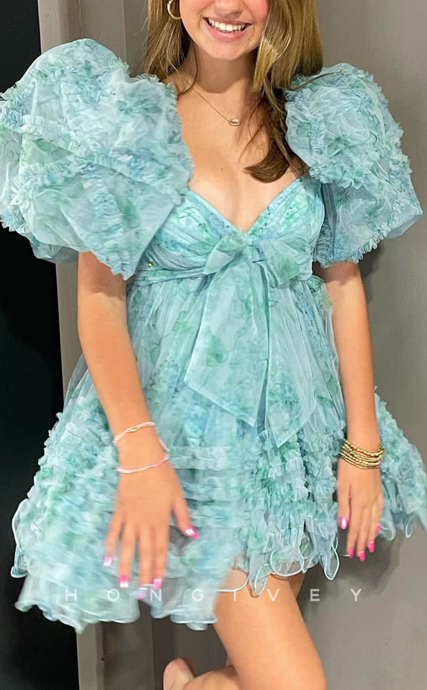 H1910 - Sexy Lace Sweetheart Puff Sleeves Gown Ball Gown Short Party/Homecoming Dress - Fashionpara