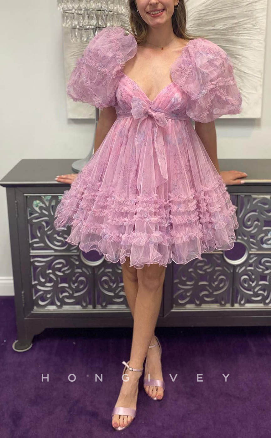 H1910 - Sexy Lace Sweetheart Puff Sleeves Gown Ball Gown Short Party/Homecoming Dress - Fashionpara