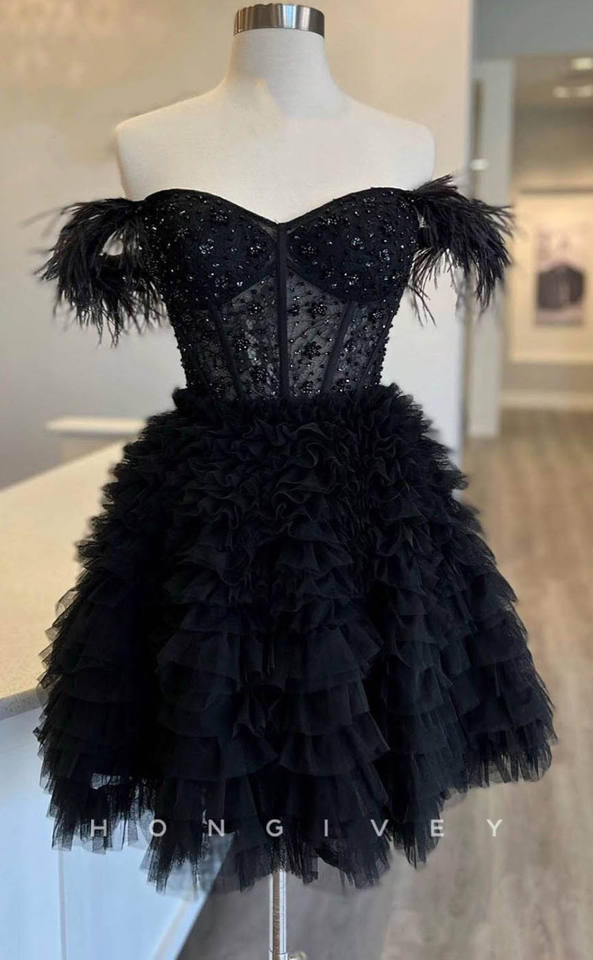 H1912 - Sexy A-Line Off-Shoulder Feathers Appliques Illusion Cutout Short Evening/Homecoming Dress - Fashionpara