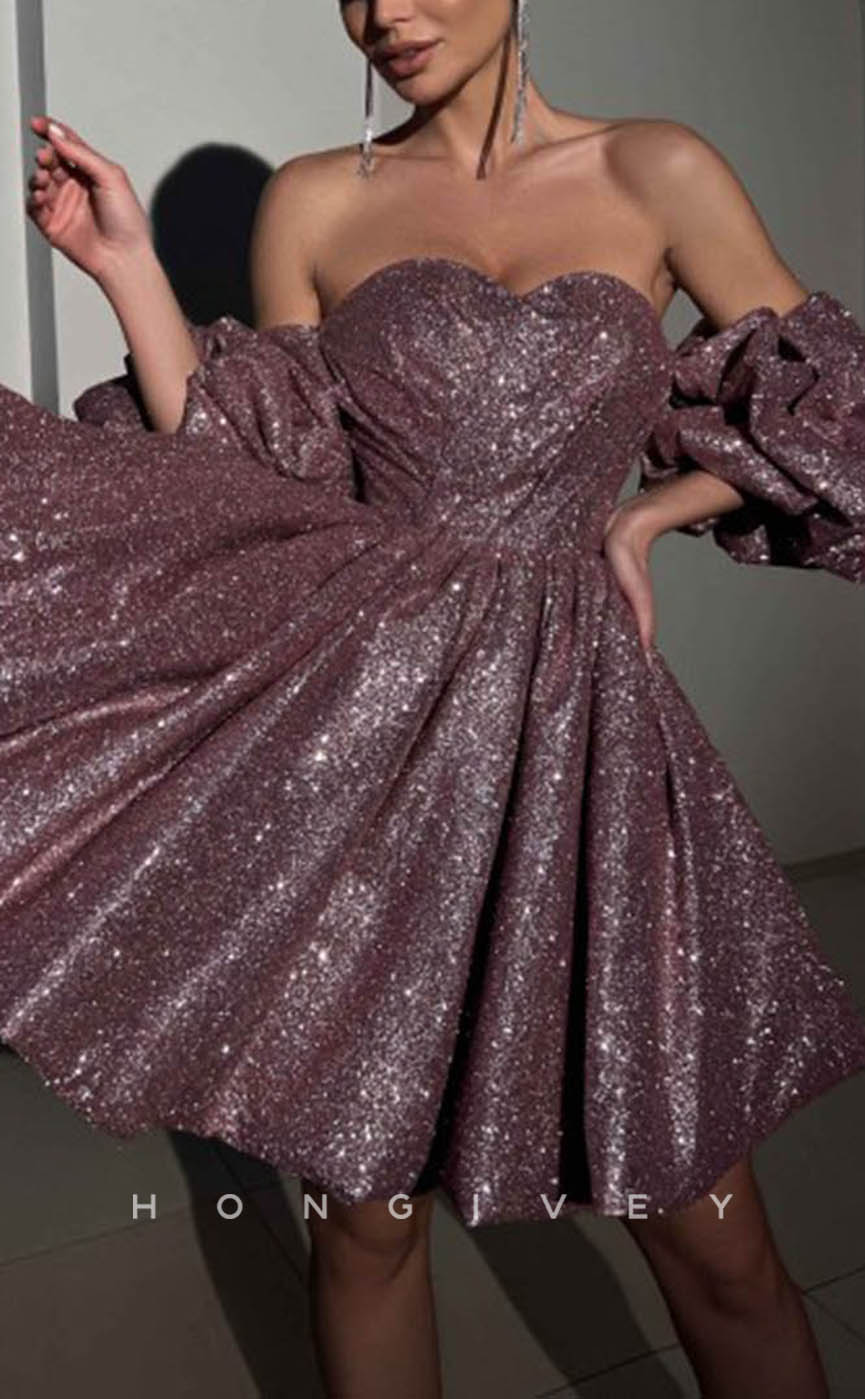 H1914 - Sexy/Ornate Glitter Off-Shoulder Sweetheart A-Line Short Evening/Homecoming Dress - Fashionpara