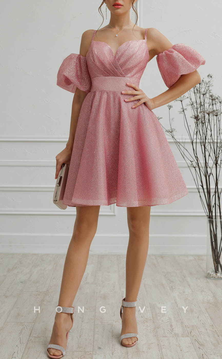 H1919 - Elegant/Sexy A-Line Puff Sleeves Gown Spaghetti Straps Glitter Short Homecoming Dress - Fashionpara