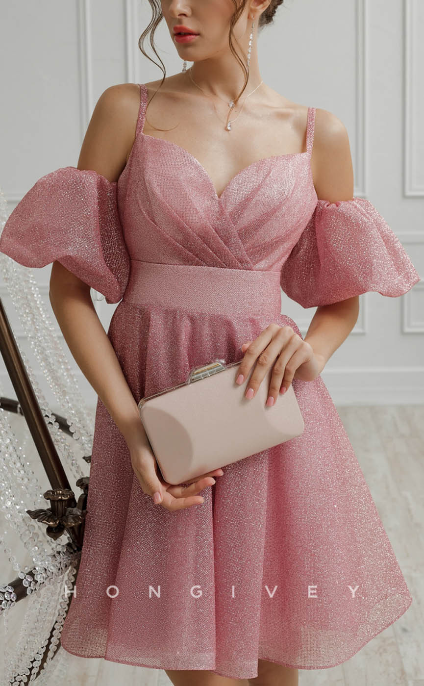 H1919 - Elegant/Sexy A-Line Puff Sleeves Gown Spaghetti Straps Glitter Short Homecoming Dress - Fashionpara