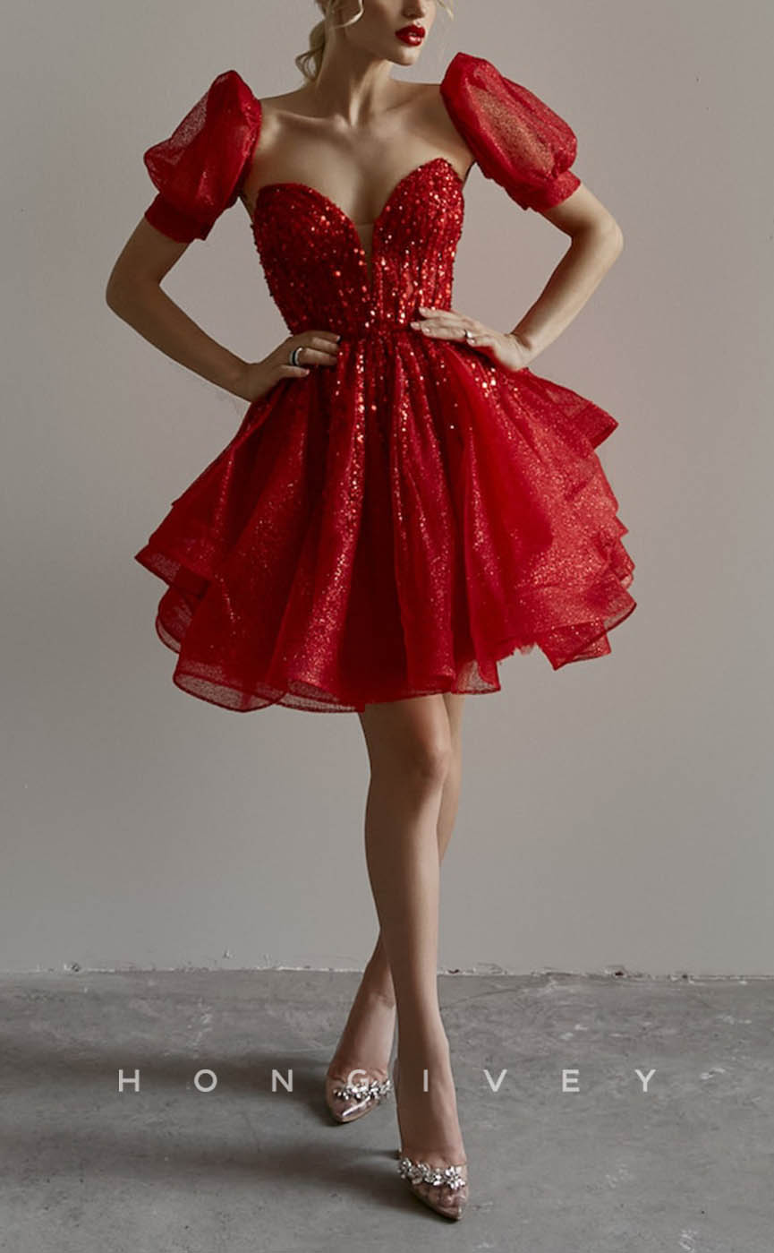 H1920 - Ornate/Sexy Sequined V-Neck Empire Tiered Short Evening/Homecoming Dress - Fashionpara