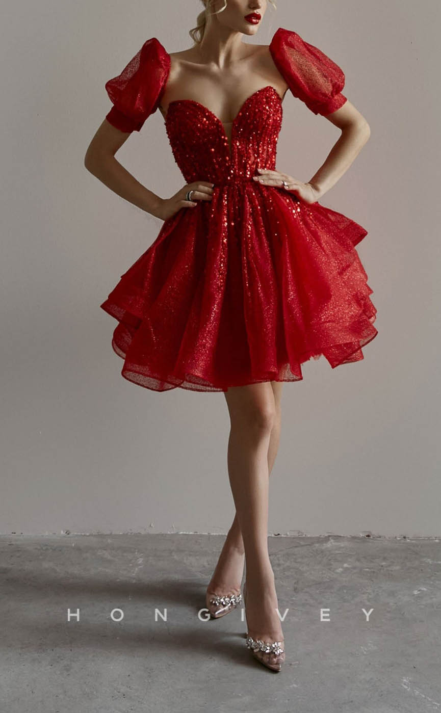 H1920 - Ornate/Sexy Sequined V-Neck Empire Tiered Short Evening/Homecoming Dress - Fashionpara