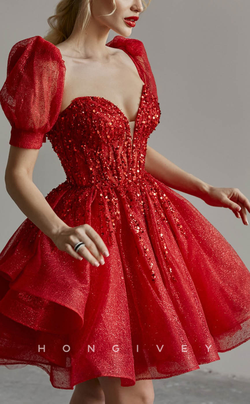 H1920 - Ornate/Sexy Sequined V-Neck Empire Tiered Short Evening/Homecoming Dress - Fashionpara