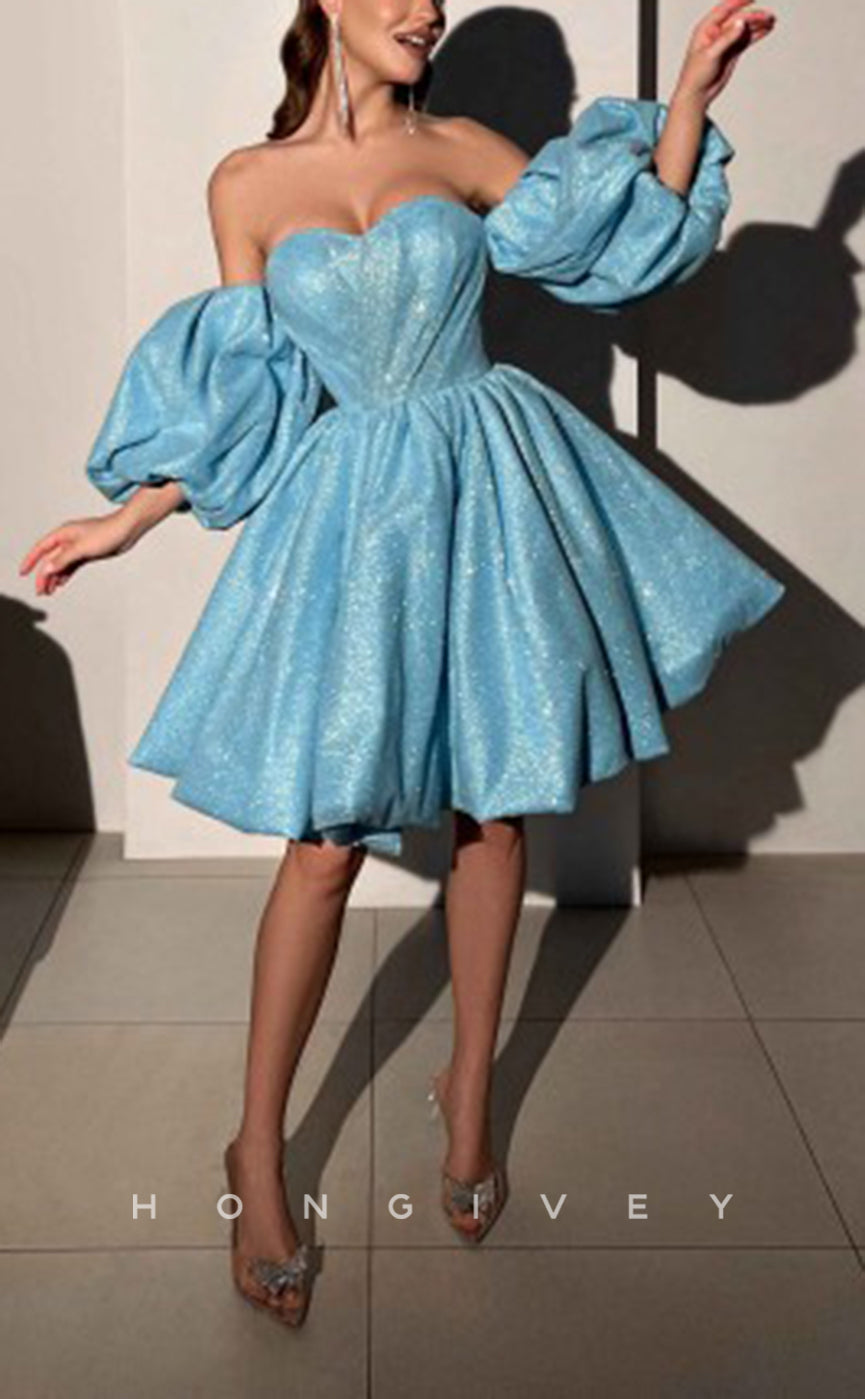 H1922 - Sexy Fully Sequined A-Line Sweetheart Puff Sleeves Gown Short Party/Homecoming Dress - Fashionpara