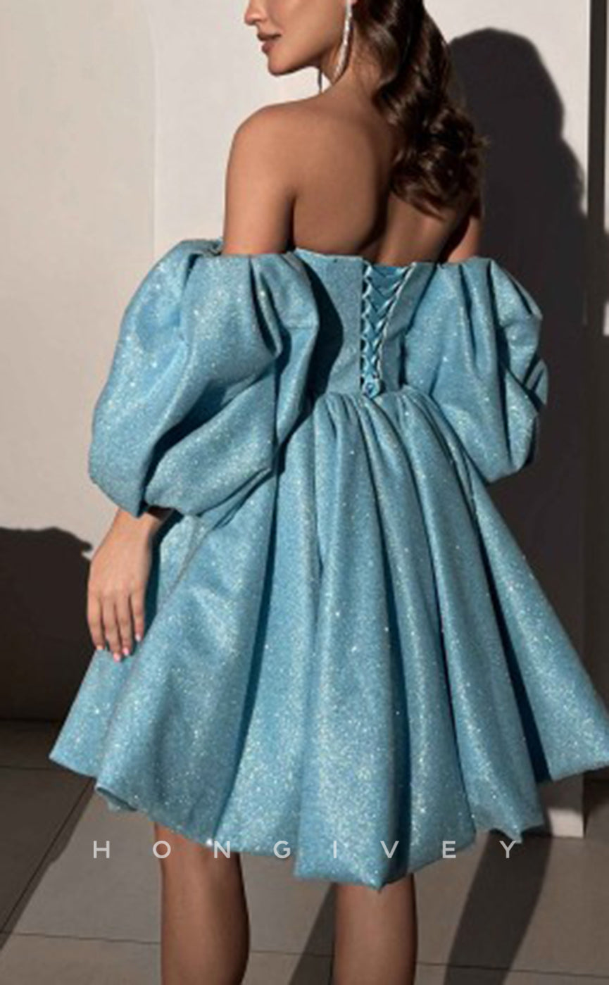 H1922 - Sexy Fully Sequined A-Line Sweetheart Puff Sleeves Gown Short Party/Homecoming Dress - Fashionpara