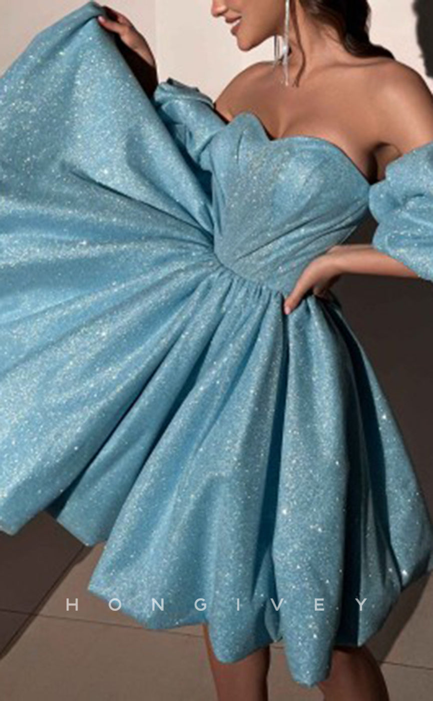 H1922 - Sexy Fully Sequined A-Line Sweetheart Puff Sleeves Gown Short Party/Homecoming Dress - Fashionpara
