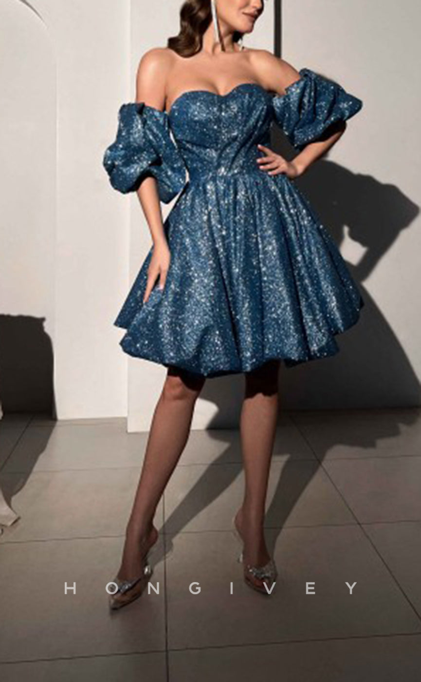 H1922 - Sexy Fully Sequined A-Line Sweetheart Puff Sleeves Gown Short Party/Homecoming Dress - Fashionpara